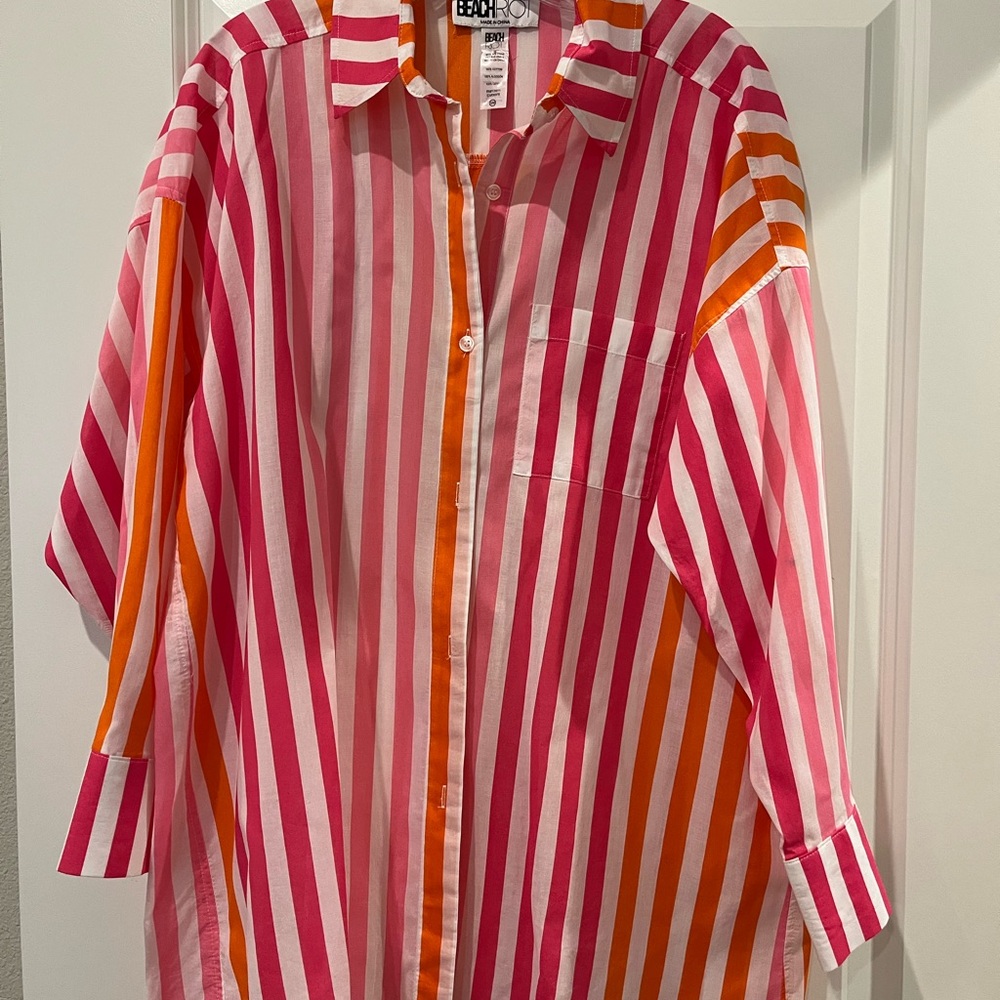 Beach Riot Striped Pink and Orange Button-Up Shirt coverup size S/M